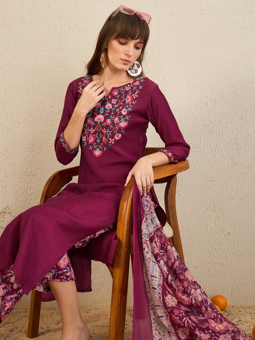 Indo Era Burgundy Embroidered Straight Kurta Palazzos With Dupatta Set | Grocsy