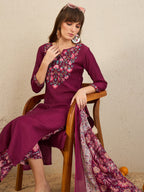 Indo Era Burgundy Embroidered Straight Kurta Palazzos With Dupatta Set | Grocsy