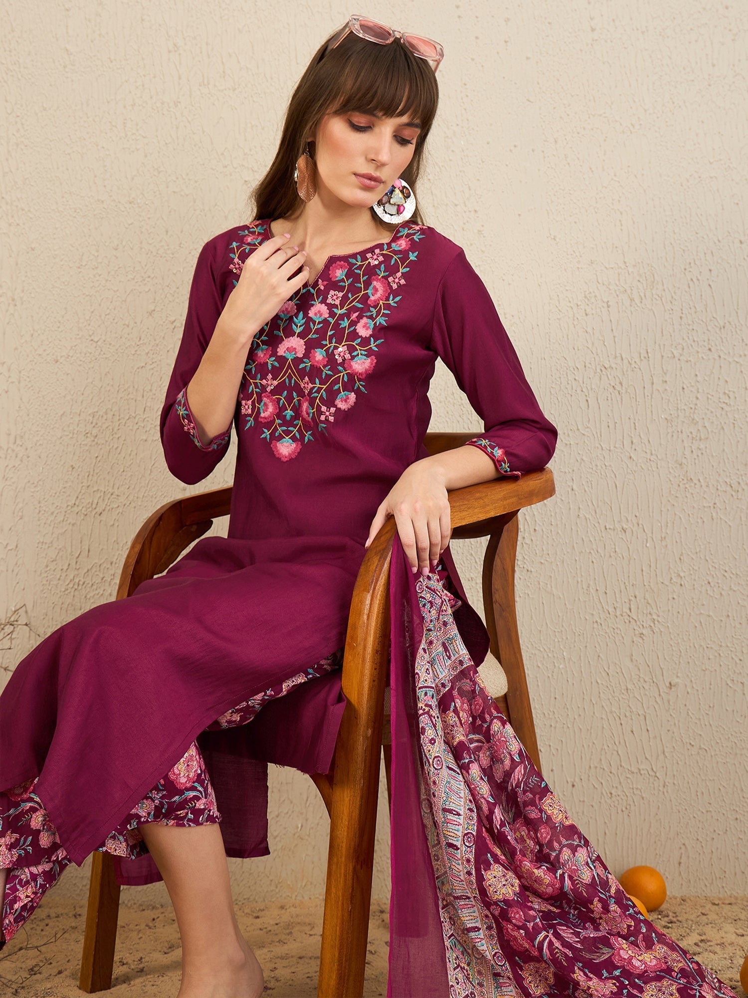 Indo Era Burgundy Embroidered Straight Kurta Palazzos With Dupatta Set | Grocsy