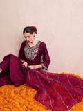 Indo Era Burgundy Embroidered A-Line Kurta Palazzos With Dupatta Set | Grocsy
