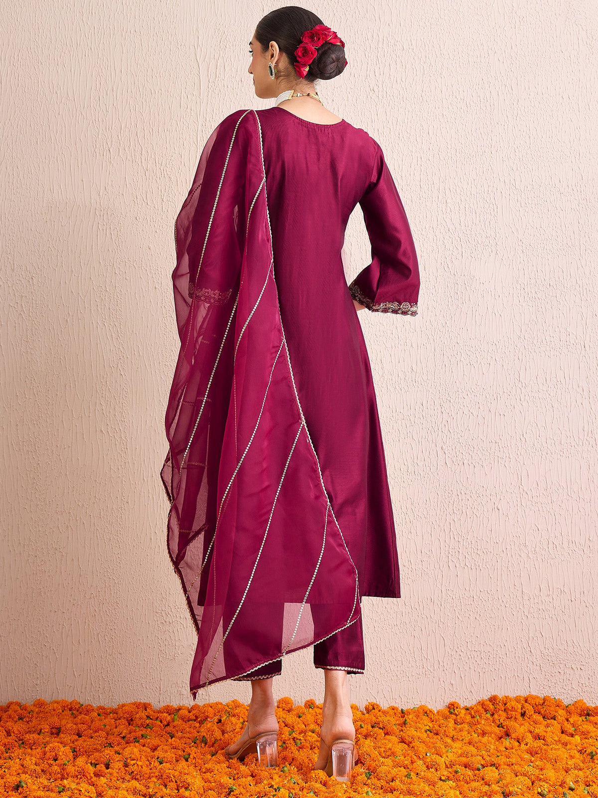 Indo Era Burgundy Embroidered A-Line Kurta Palazzos With Dupatta Set | Grocsy