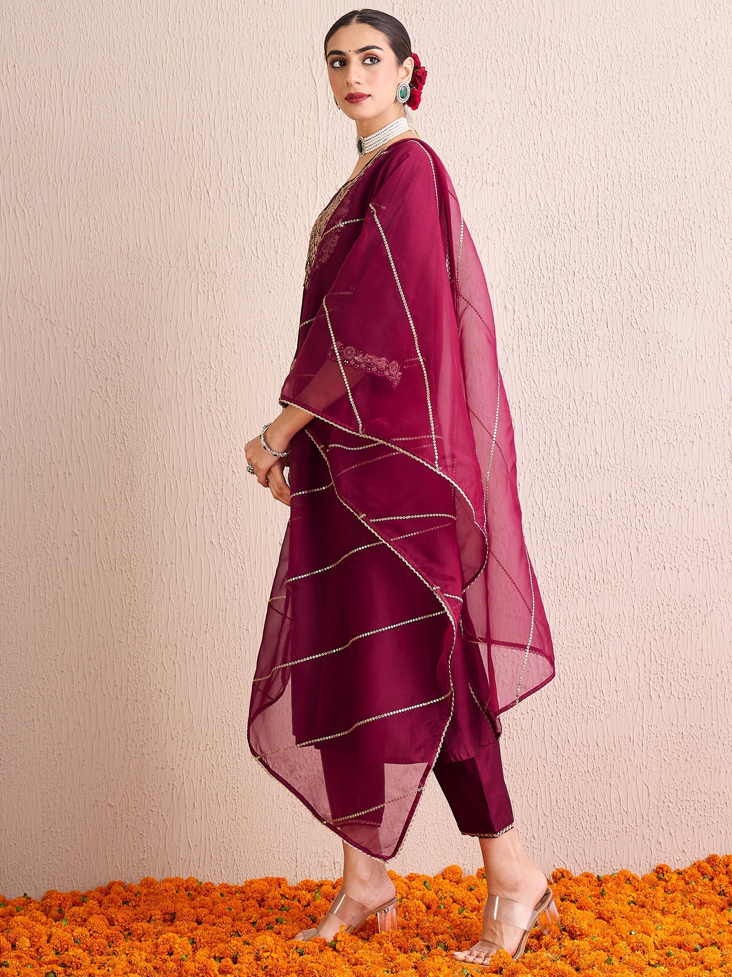 Indo Era Burgundy Embroidered A-Line Kurta Palazzos With Dupatta Set | Grocsy