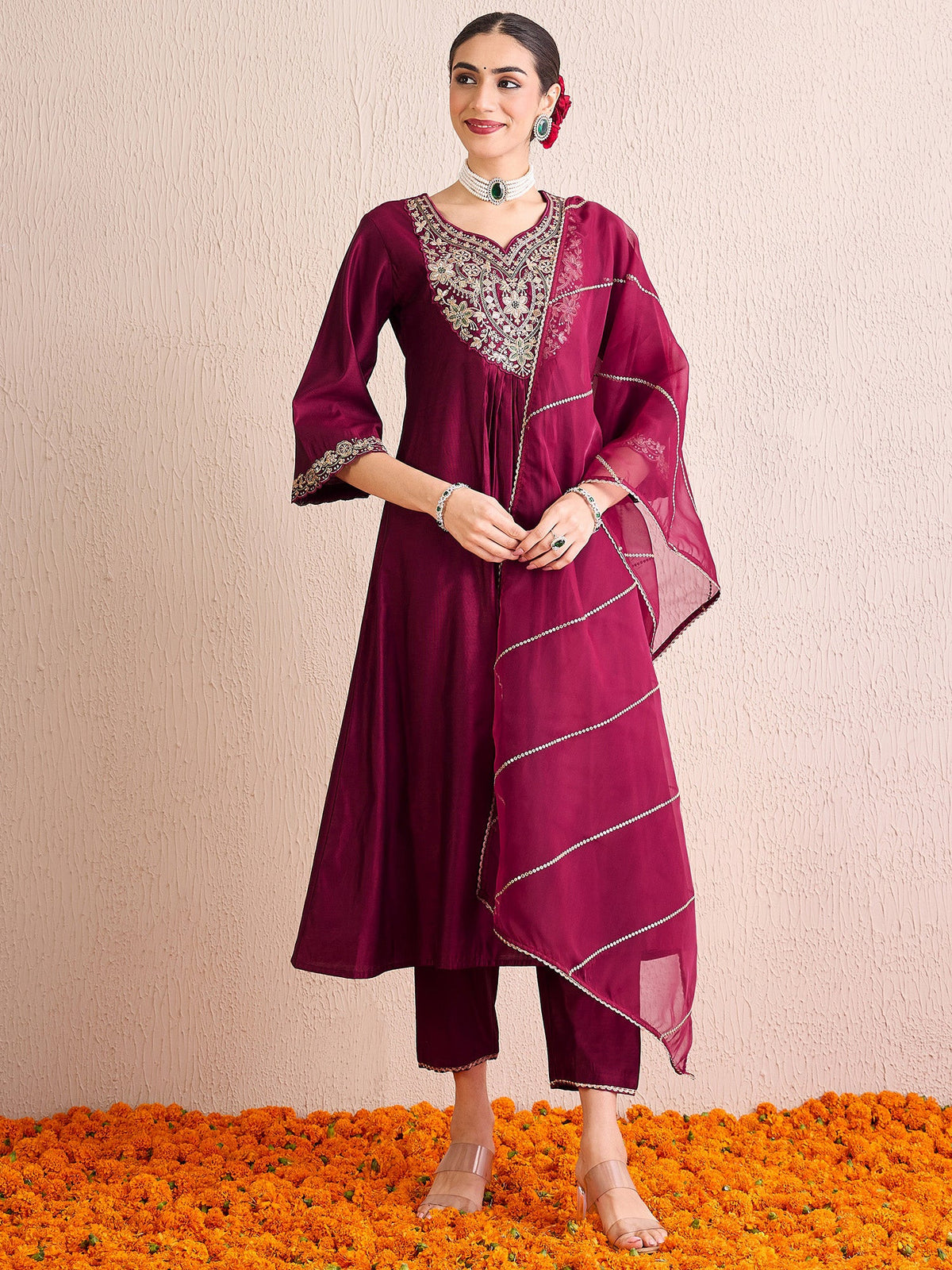 Indo Era Burgundy Embroidered A-Line Kurta Palazzos With Dupatta Set | Grocsy