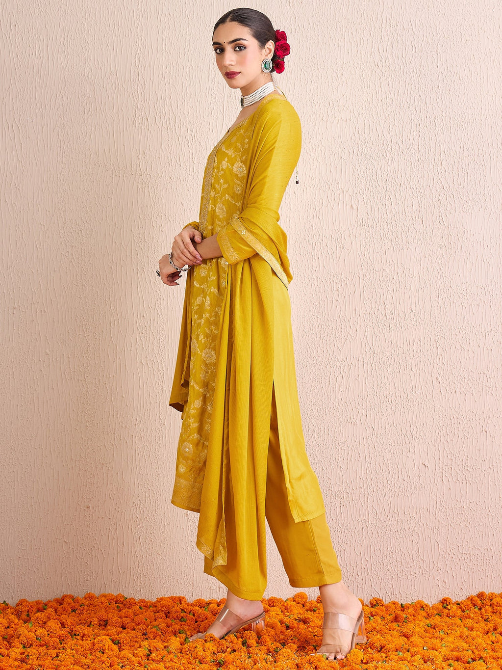 Indo Era Yellow Embroidered Straight Kurta Trousers With Dupatta set | Grocsy