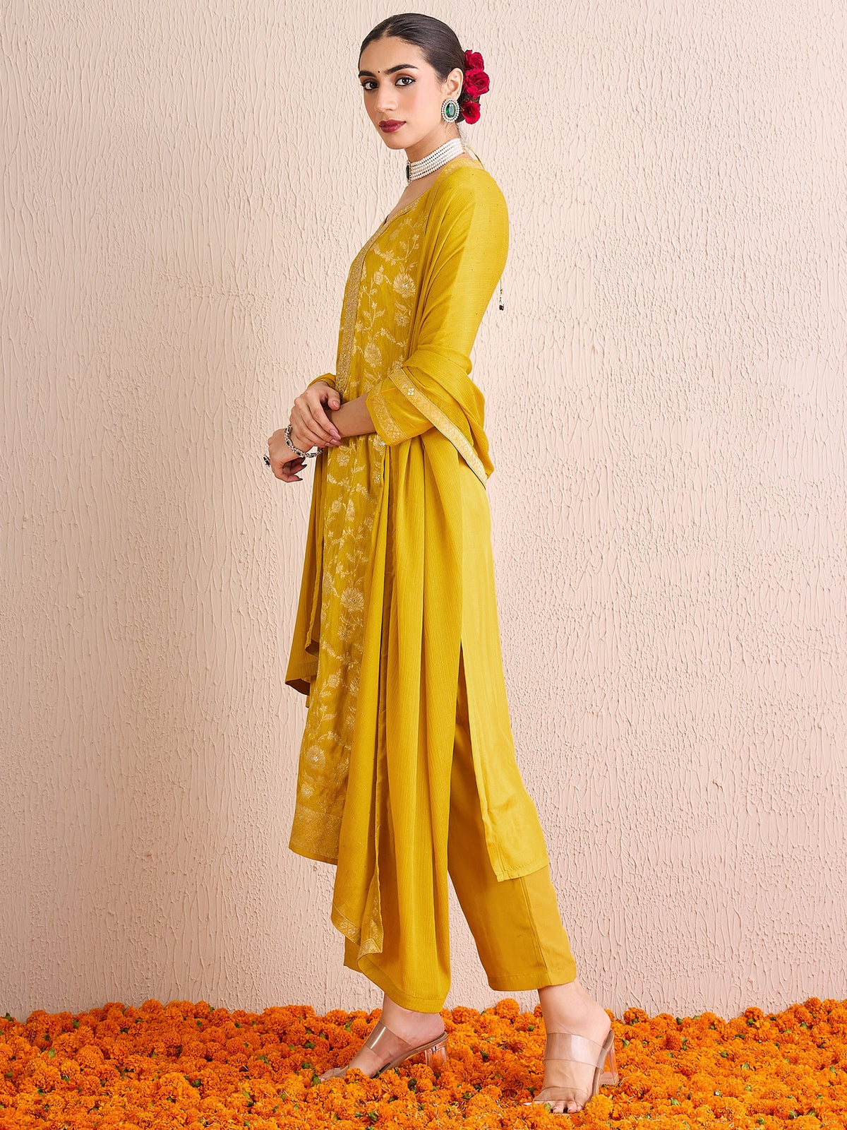 Indo Era Yellow Embroidered Straight Kurta Trousers With Dupatta set | Grocsy
