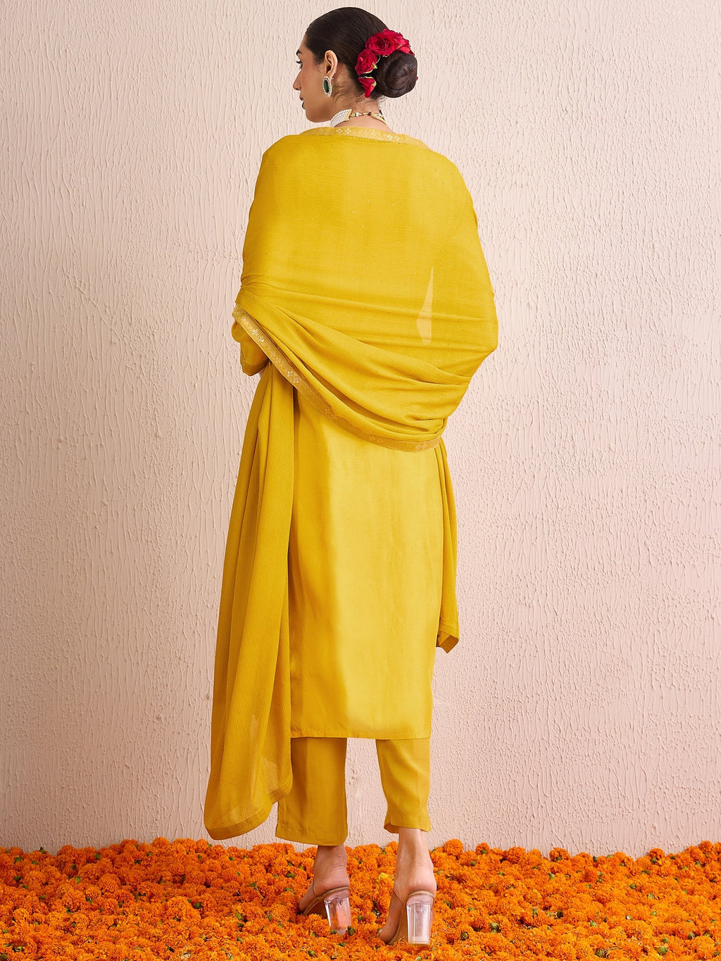 Indo Era Yellow Embroidered Straight Kurta Trousers With Dupatta set | Grocsy