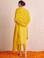 Indo Era Yellow Embroidered Straight Kurta Trousers With Dupatta set | Grocsy