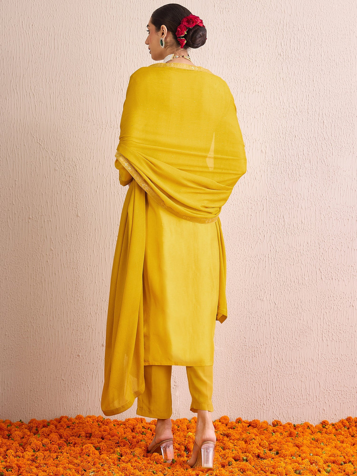 Indo Era Yellow Embroidered Straight Kurta Trousers With Dupatta set | Grocsy