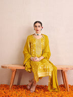 Indo Era Yellow Embroidered Straight Kurta Trousers With Dupatta set | Grocsy