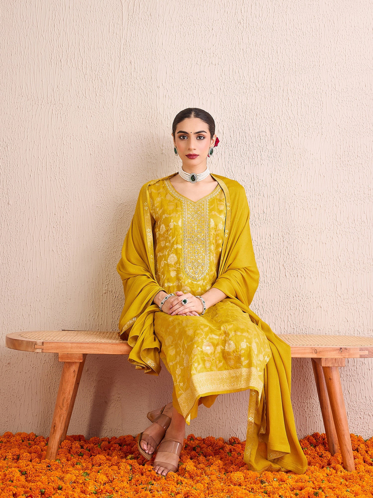 Indo Era Yellow Embroidered Straight Kurta Trousers With Dupatta set | Grocsy
