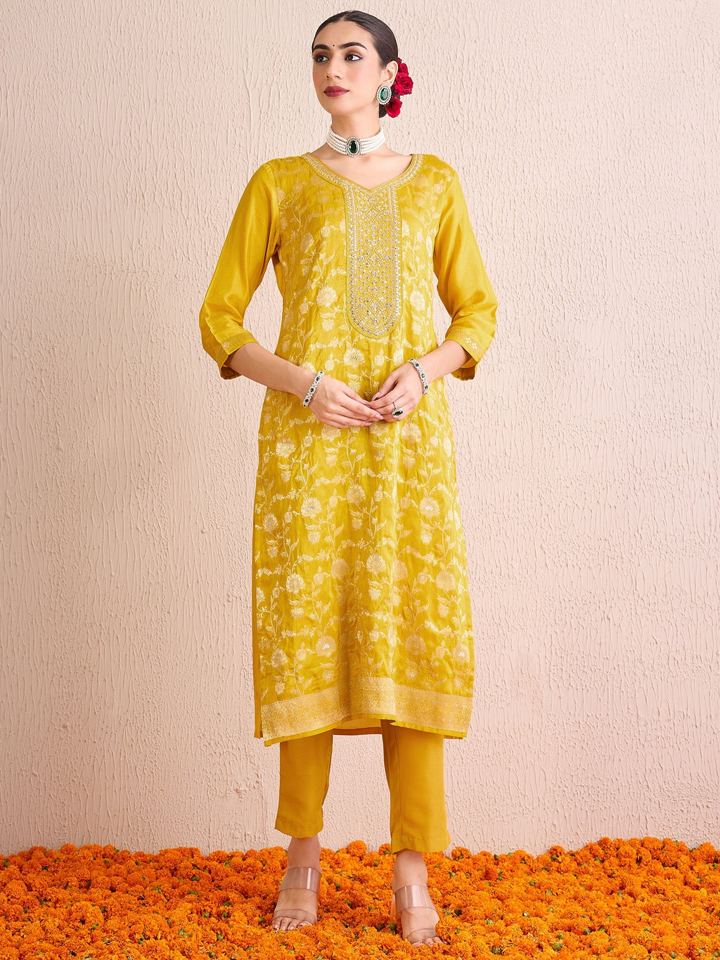Indo Era Yellow Embroidered Straight Kurta Trousers With Dupatta set | Grocsy