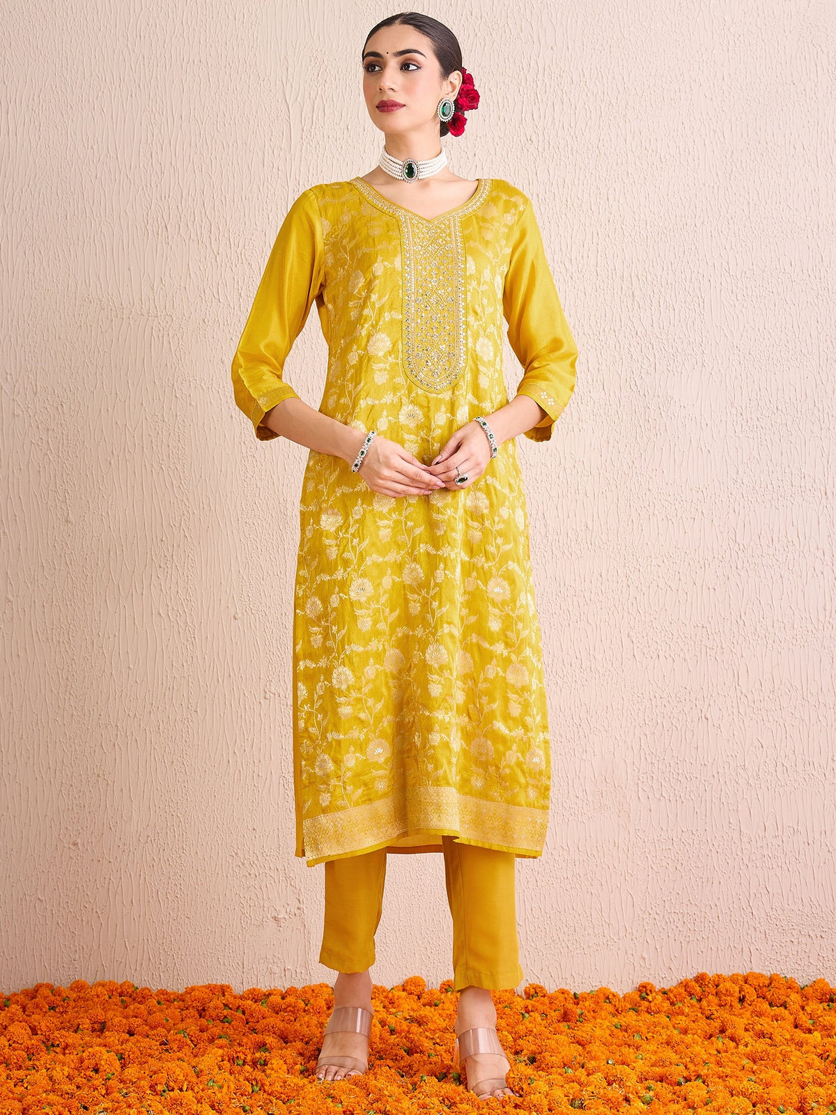 Indo Era Yellow Embroidered Straight Kurta Trousers With Dupatta set | Grocsy