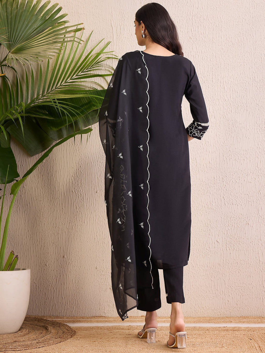 Indo Era Black Embroidered Straight Kurta Trousers With Dupatta Set | Grocsy