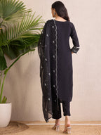 Indo Era Black Embroidered Straight Kurta Trousers With Dupatta Set | Grocsy