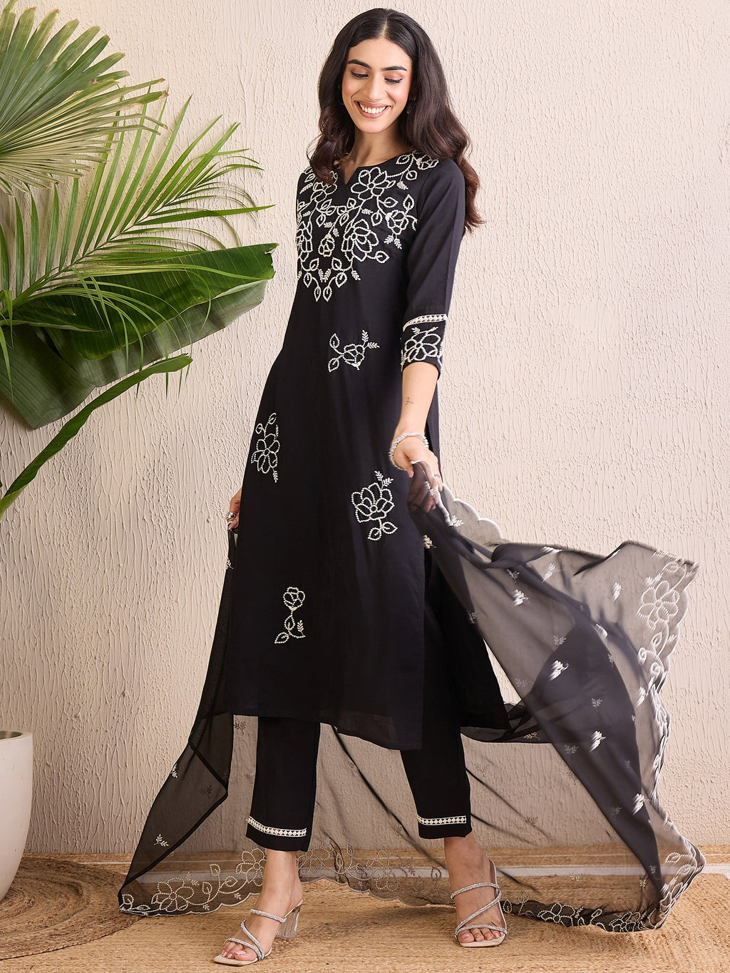 Indo Era Black Embroidered Straight Kurta Trousers With Dupatta Set | Grocsy