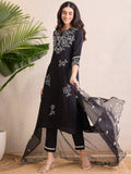 Indo Era Black Embroidered Straight Kurta Trousers With Dupatta Set | Grocsy