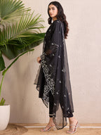 Indo Era Black Embroidered Straight Kurta Trousers With Dupatta Set | Grocsy