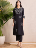 Indo Era Black Embroidered Straight Kurta Trousers With Dupatta Set | Grocsy