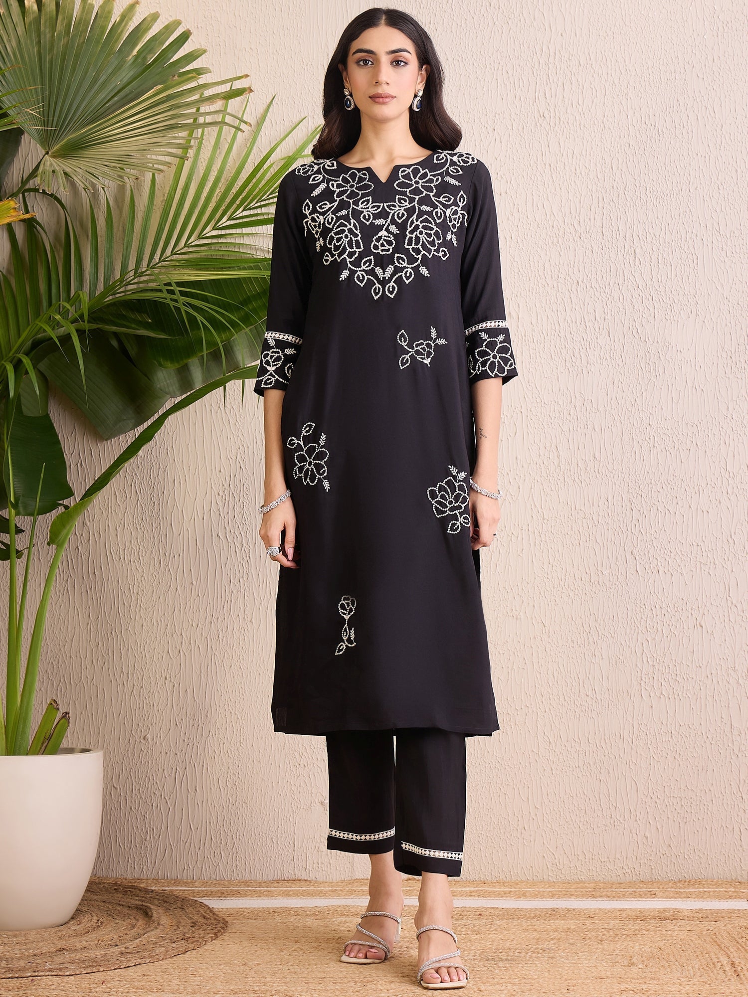 Indo Era Black Embroidered Straight Kurta Trousers With Dupatta Set | Grocsy