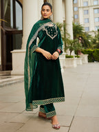 Indo Era Green Embroidered Straight Kurta Trousers With Dupatta set | Grocsy