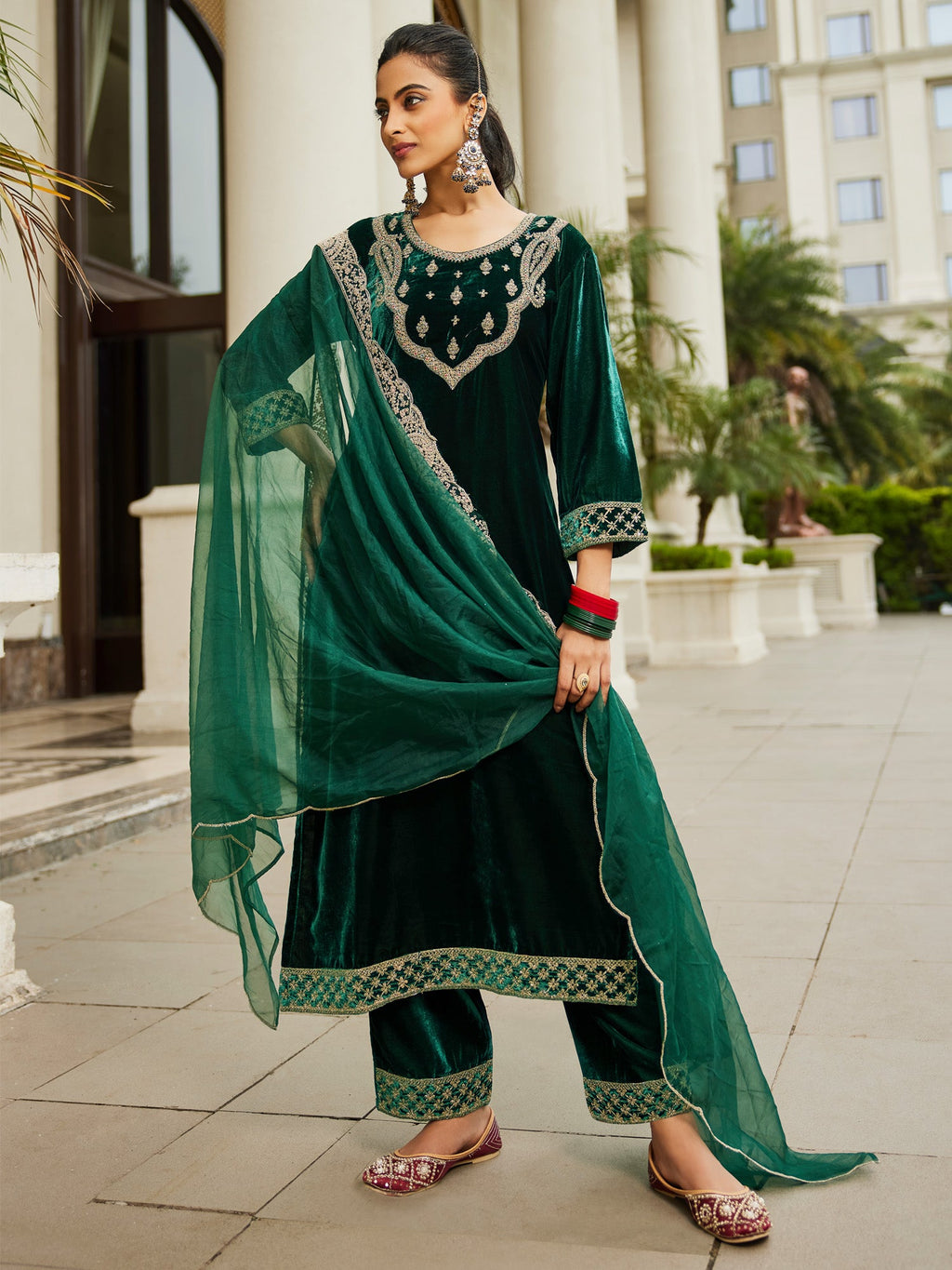 Indo Era Green Embroidered Straight Kurta Trousers With Dupatta set | Grocsy