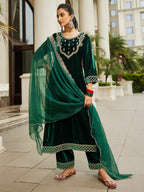 Indo Era Green Embroidered Straight Kurta Trousers With Dupatta set | Grocsy