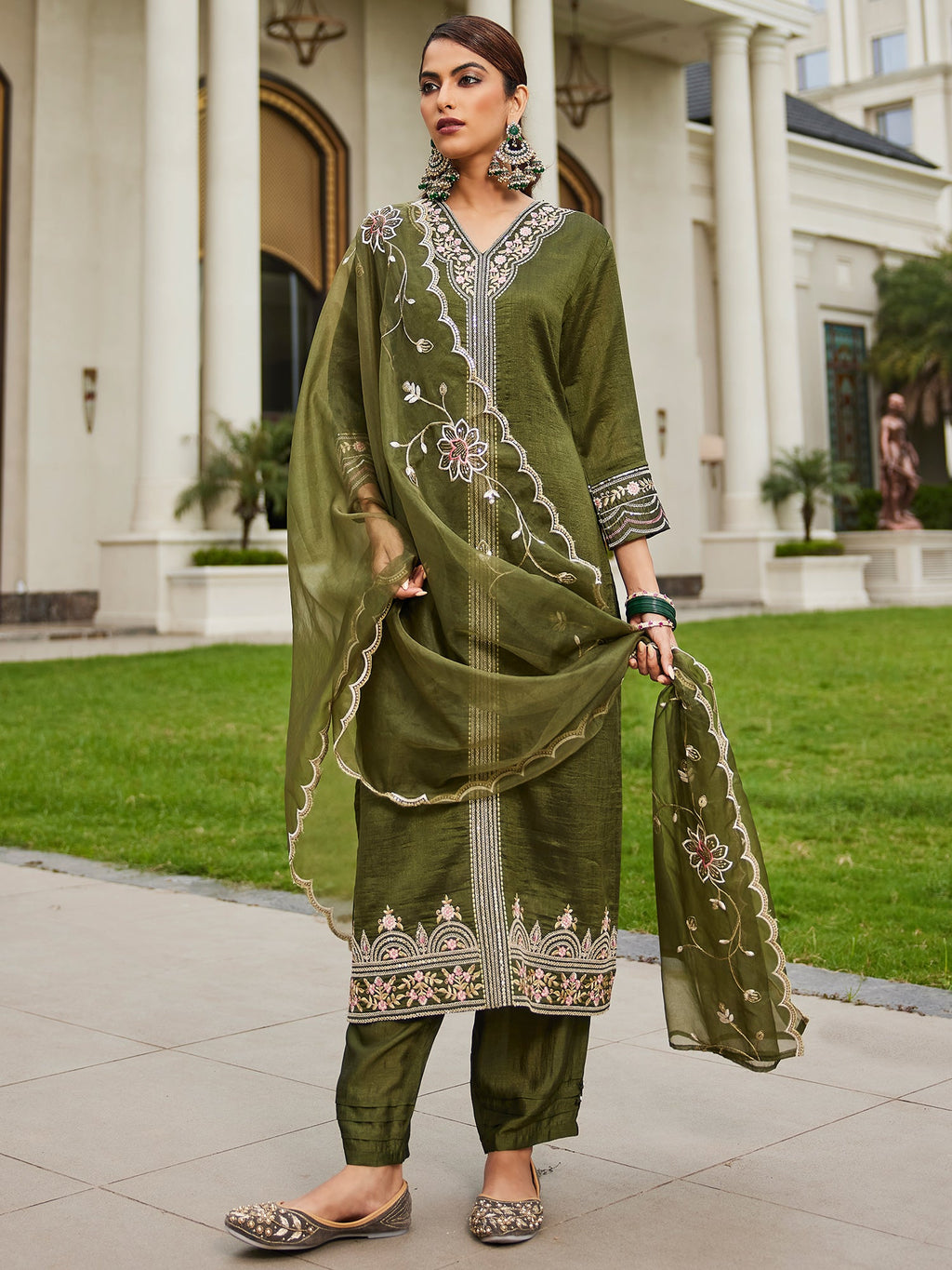 Indo Era Green Embroidered Straight Kurta Trousers With Dupatta Set | Grocsy