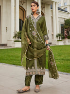 Indo Era Green Embroidered Straight Kurta Trousers With Dupatta Set | Grocsy
