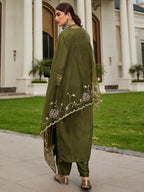 Indo Era Green Embroidered Straight Kurta Trousers With Dupatta Set | Grocsy
