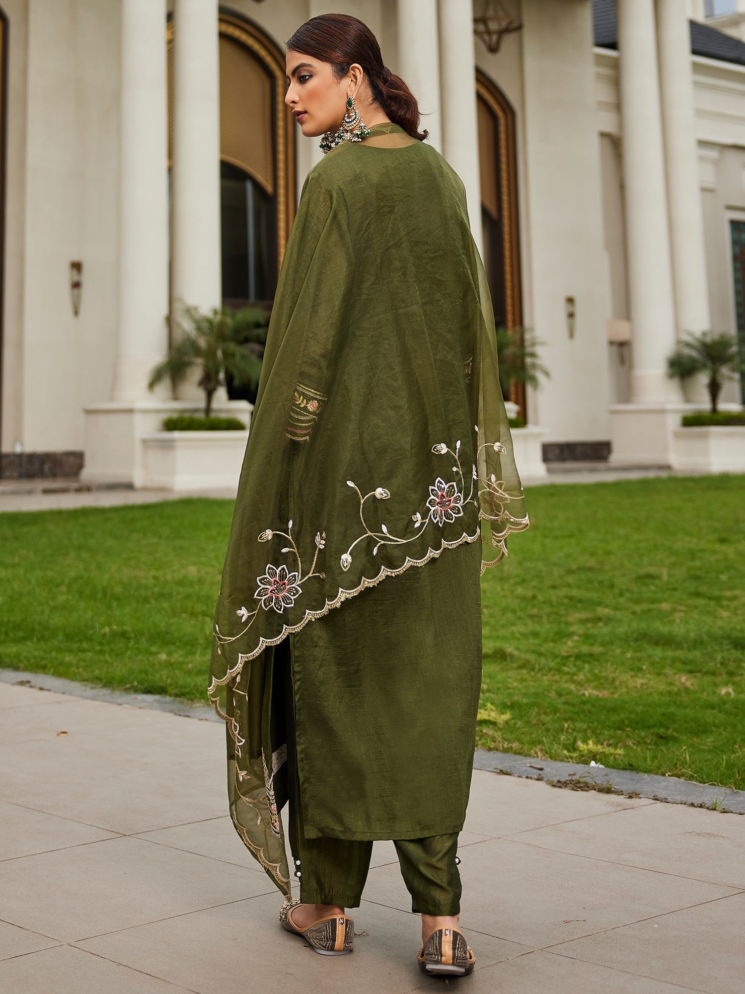 Indo Era Green Embroidered Straight Kurta Trousers With Dupatta Set | Grocsy