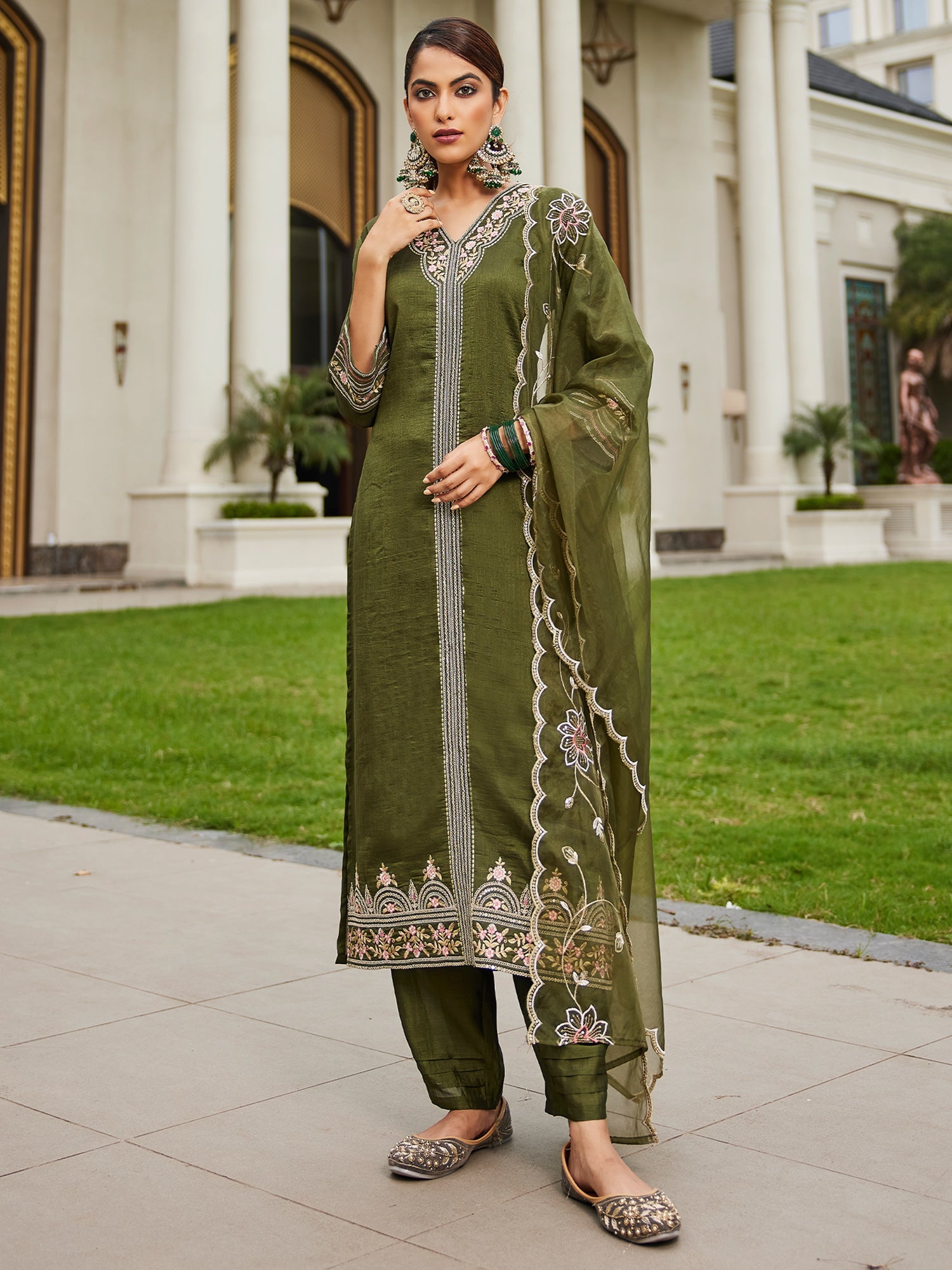 Indo Era Green Embroidered Straight Kurta Trousers With Dupatta Set | Grocsy
