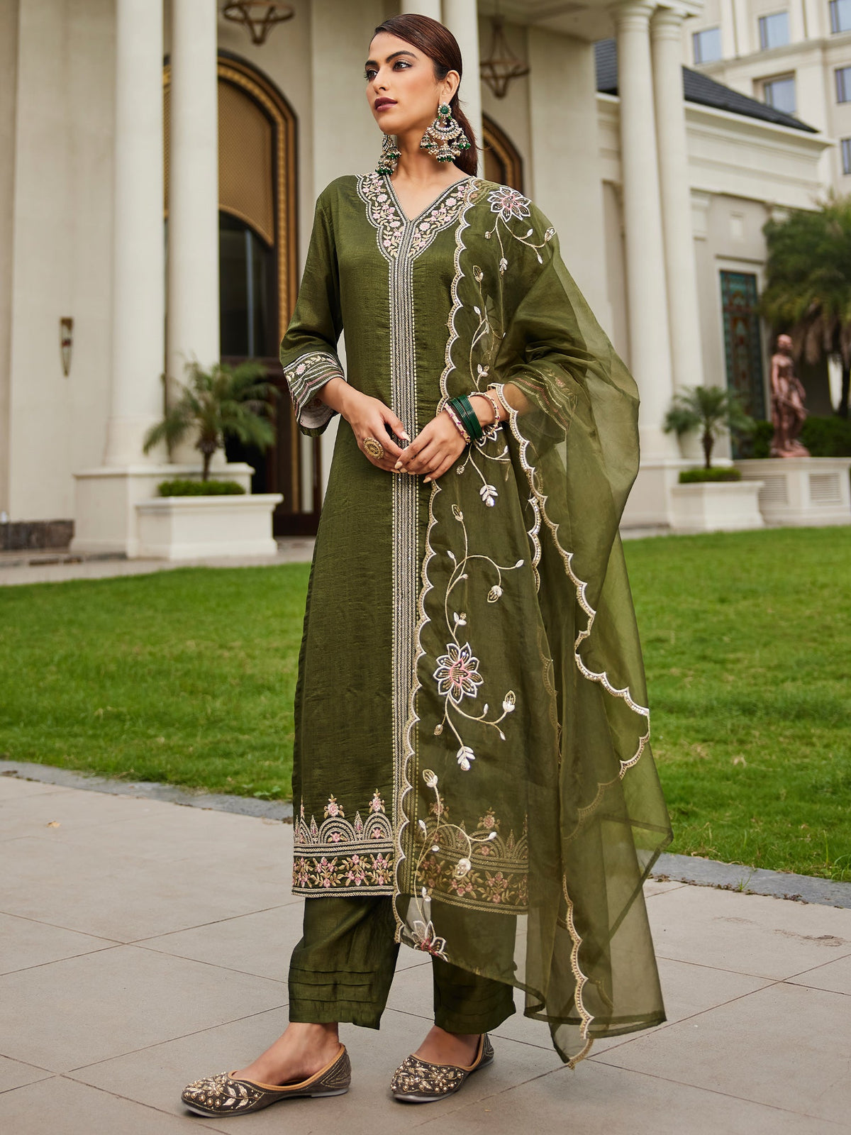 Indo Era Green Embroidered Straight Kurta Trousers With Dupatta Set | Grocsy