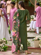 Indo Era Green Embroidered Straight Kurta Trousers With Dupatta Set | Grocsy