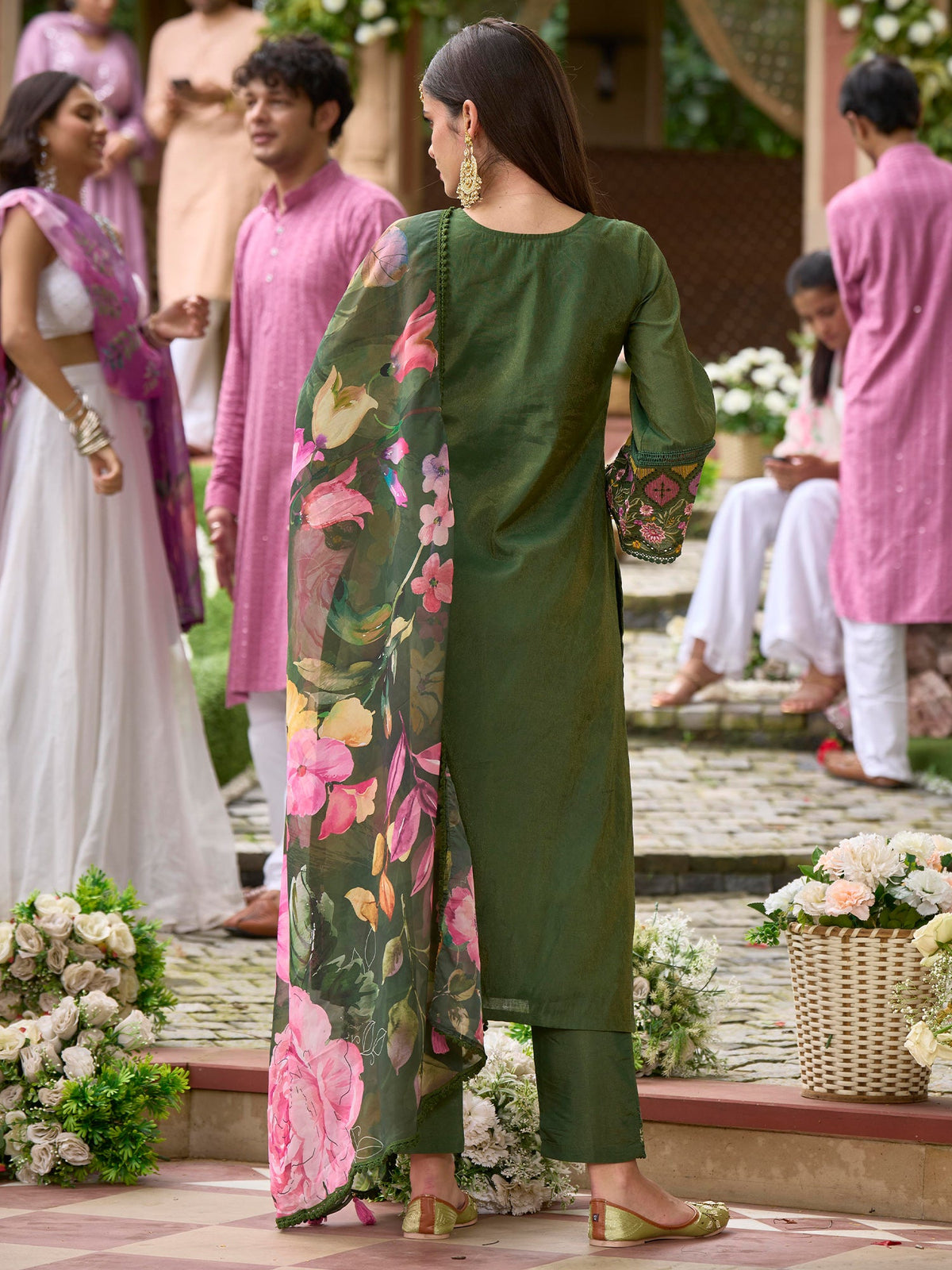 Indo Era Green Embroidered Straight Kurta Trousers With Dupatta Set | Grocsy