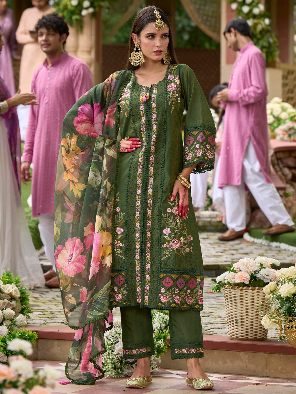 Indo Era Green Embroidered Straight Kurta Trousers With Dupatta Set | Grocsy