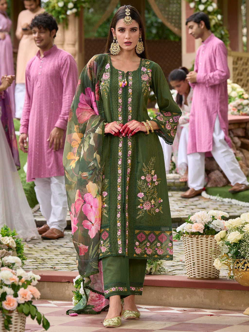 Indo Era Green Embroidered Straight Kurta Trousers With Dupatta Set | Grocsy