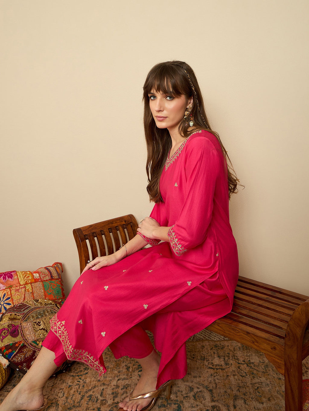 Indo Era Pink Embroidered Straight Kurta Trousers set | Grocsy