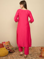Indo Era Pink Embroidered Straight Kurta Trousers set | Grocsy