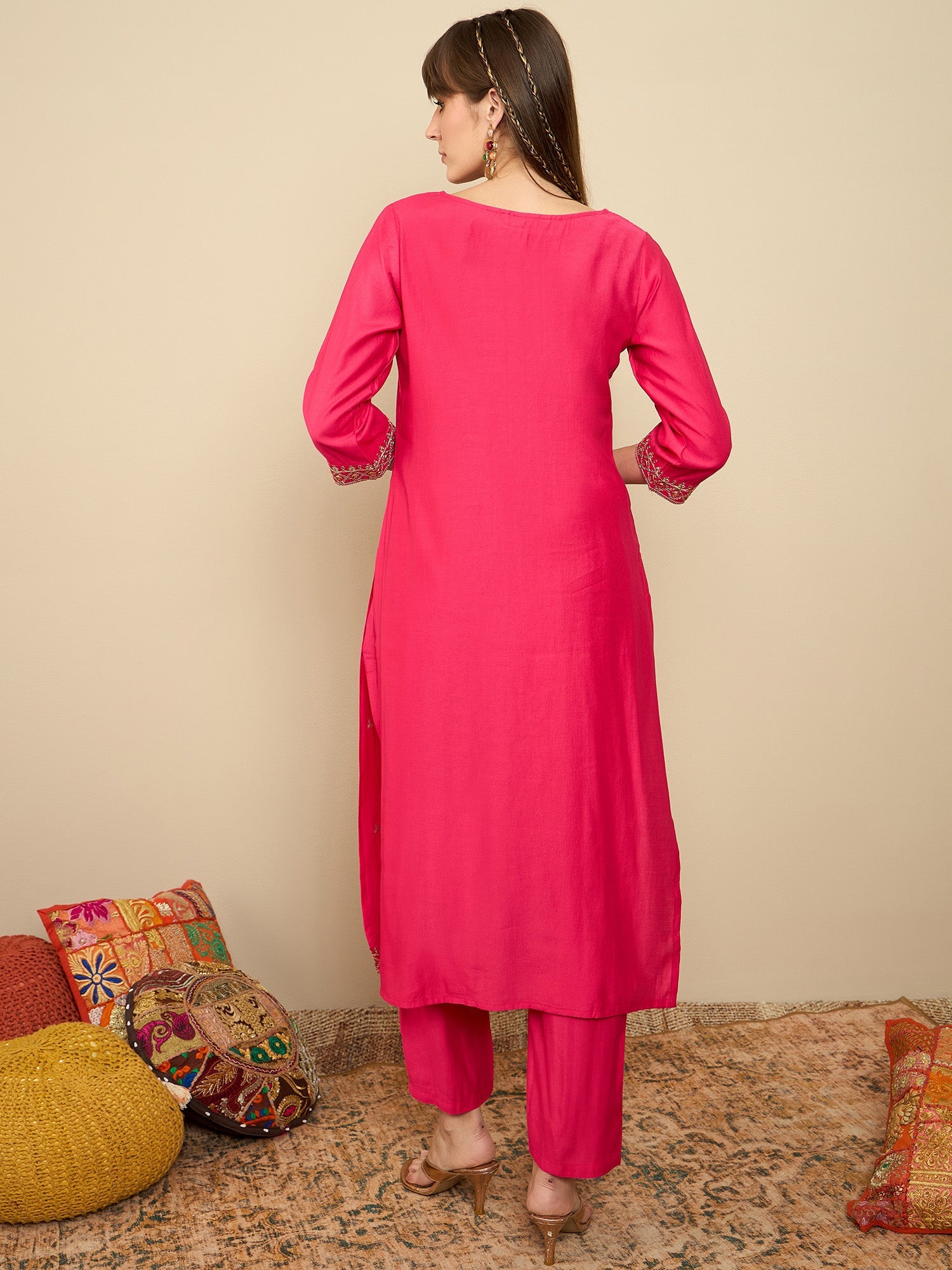 Indo Era Pink Embroidered Straight Kurta Trousers set | Grocsy
