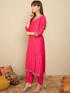 Indo Era Pink Embroidered Straight Kurta Trousers set | Grocsy