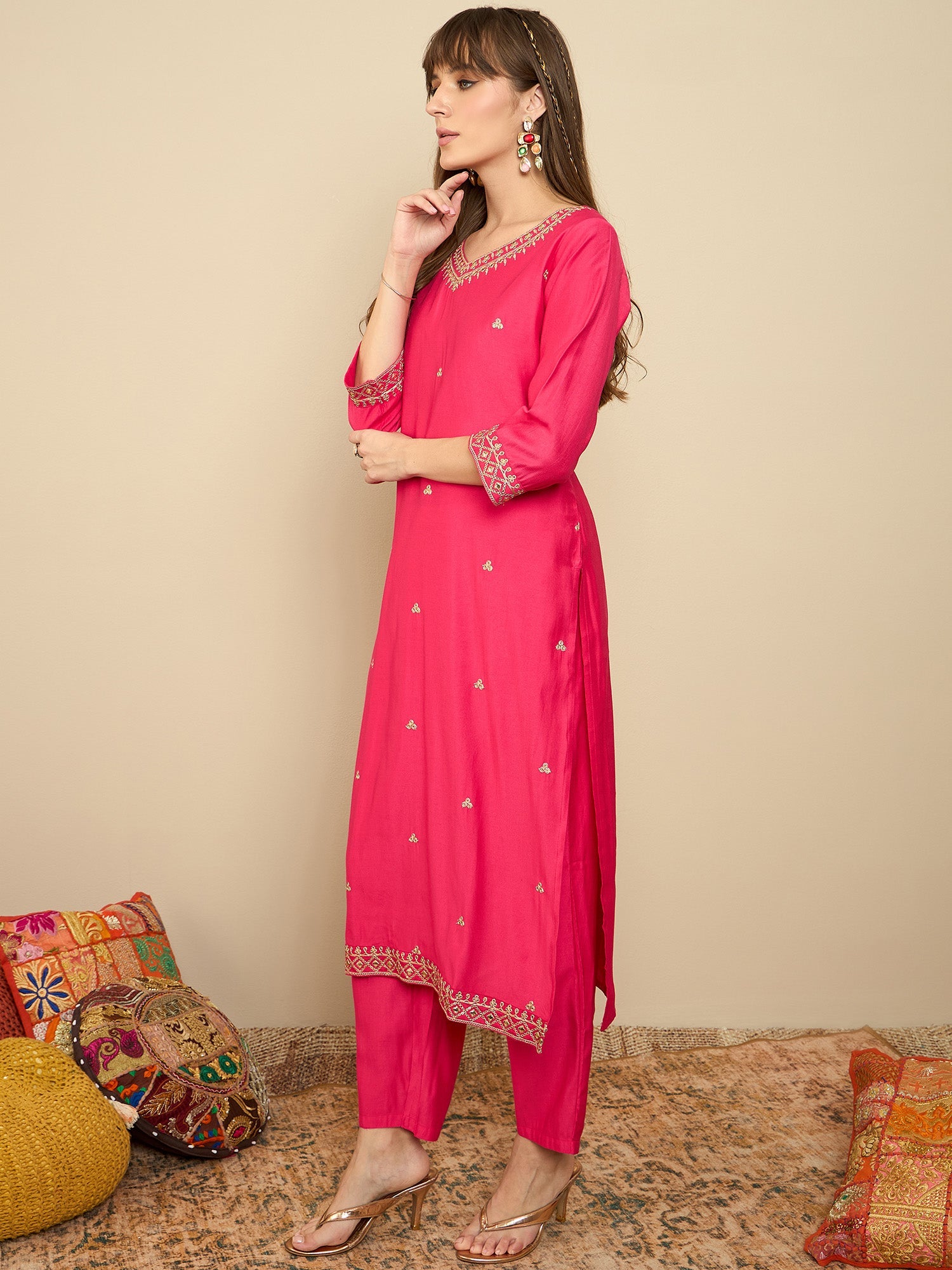 Indo Era Pink Embroidered Straight Kurta Trousers set | Grocsy