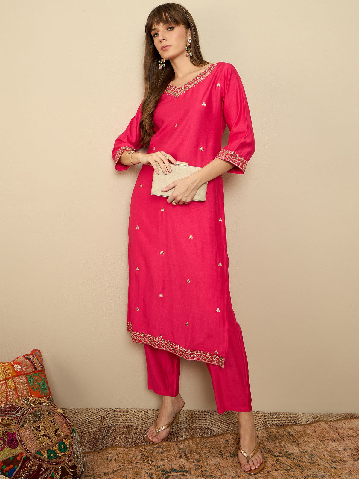 Indo Era Pink Embroidered Straight Kurta Trousers set | Grocsy