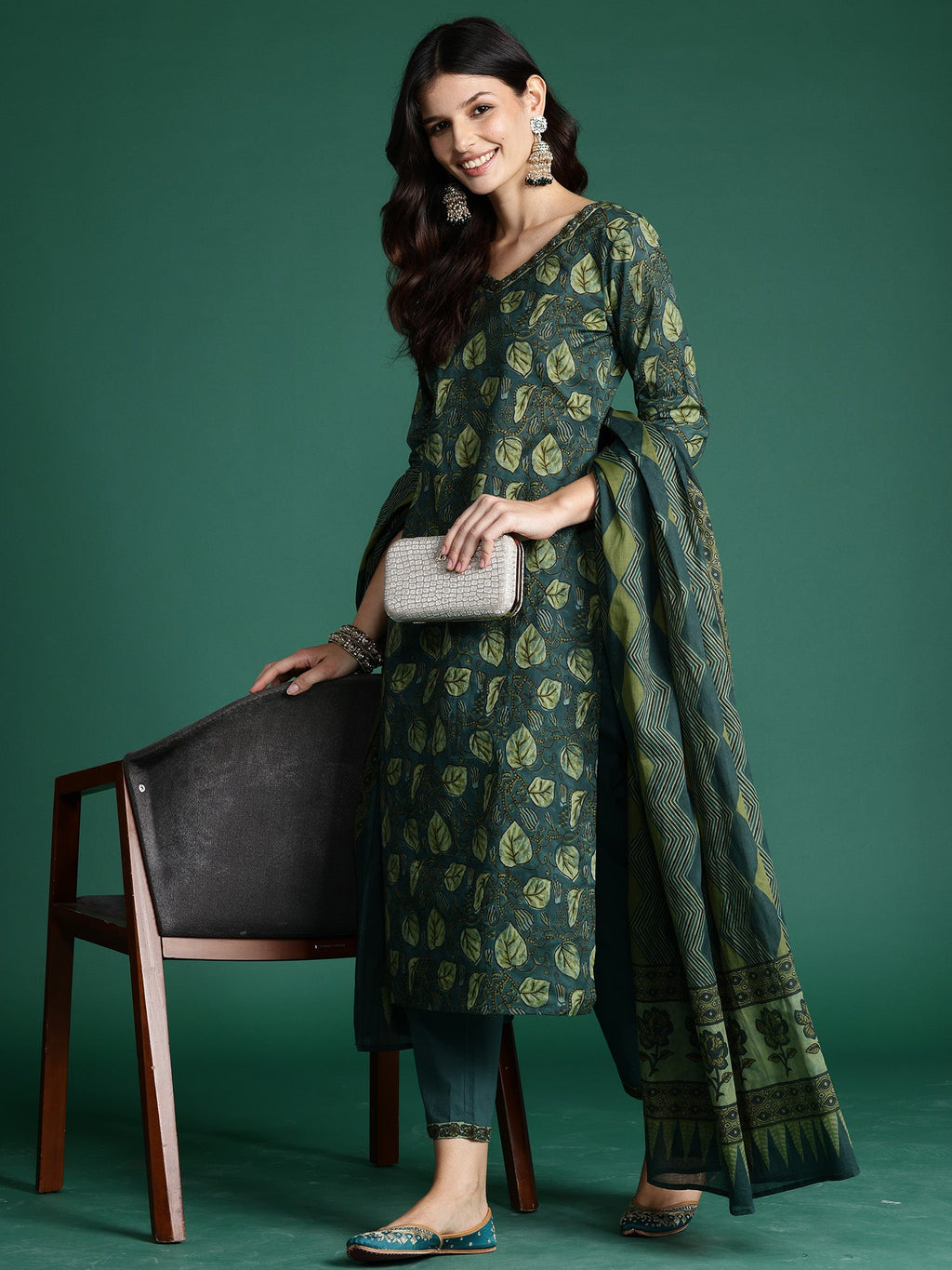 Indo Era Green Printed Straight Kurta Trousers With Dupatta Set | Grocsy