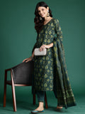 Indo Era Green Printed Straight Kurta Trousers With Dupatta Set | Grocsy
