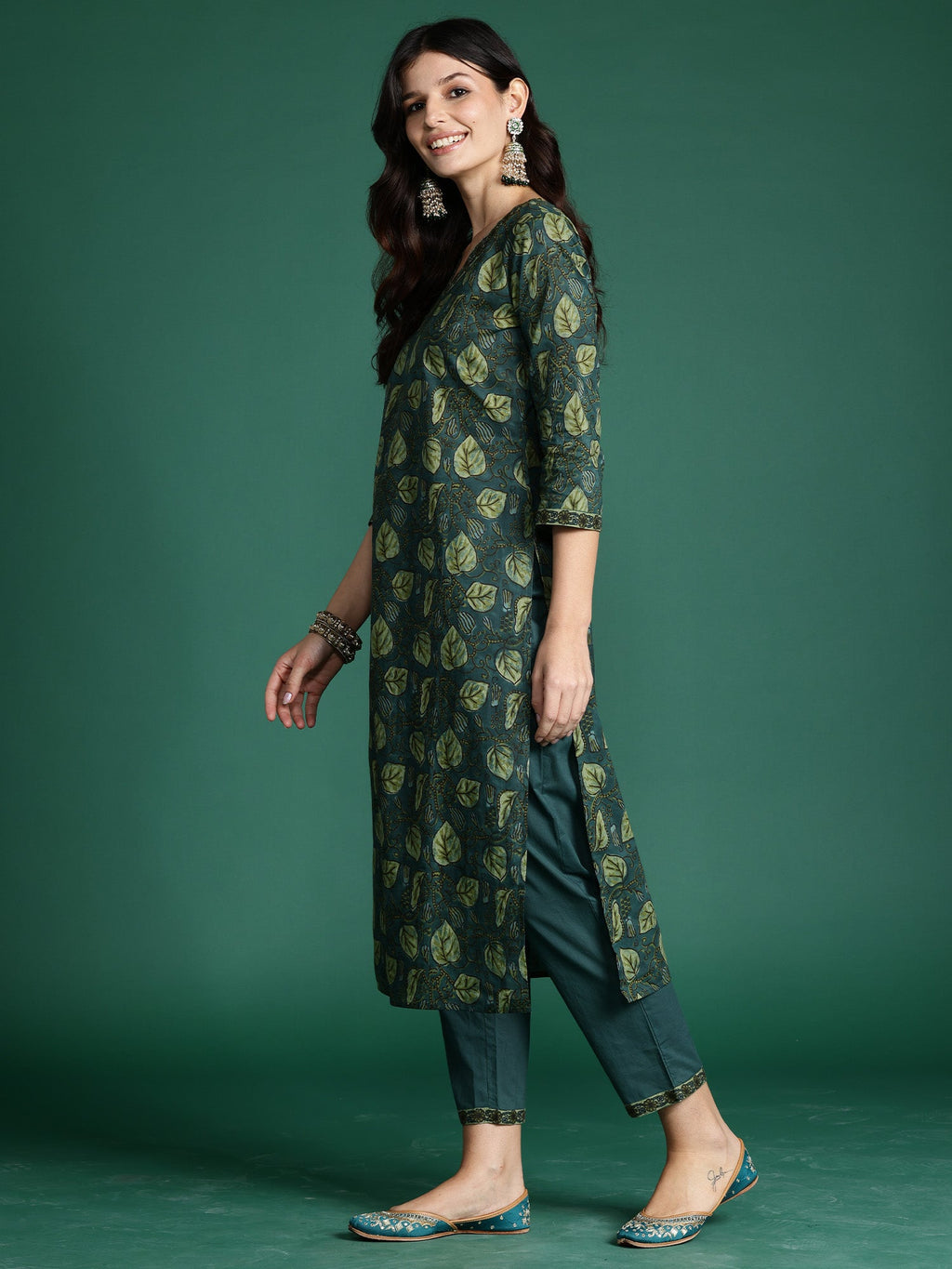Indo Era Green Printed Straight Kurta Trousers With Dupatta Set | Grocsy