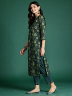 Indo Era Green Printed Straight Kurta Trousers With Dupatta Set | Grocsy