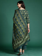 Indo Era Green Printed Straight Kurta Trousers With Dupatta Set | Grocsy