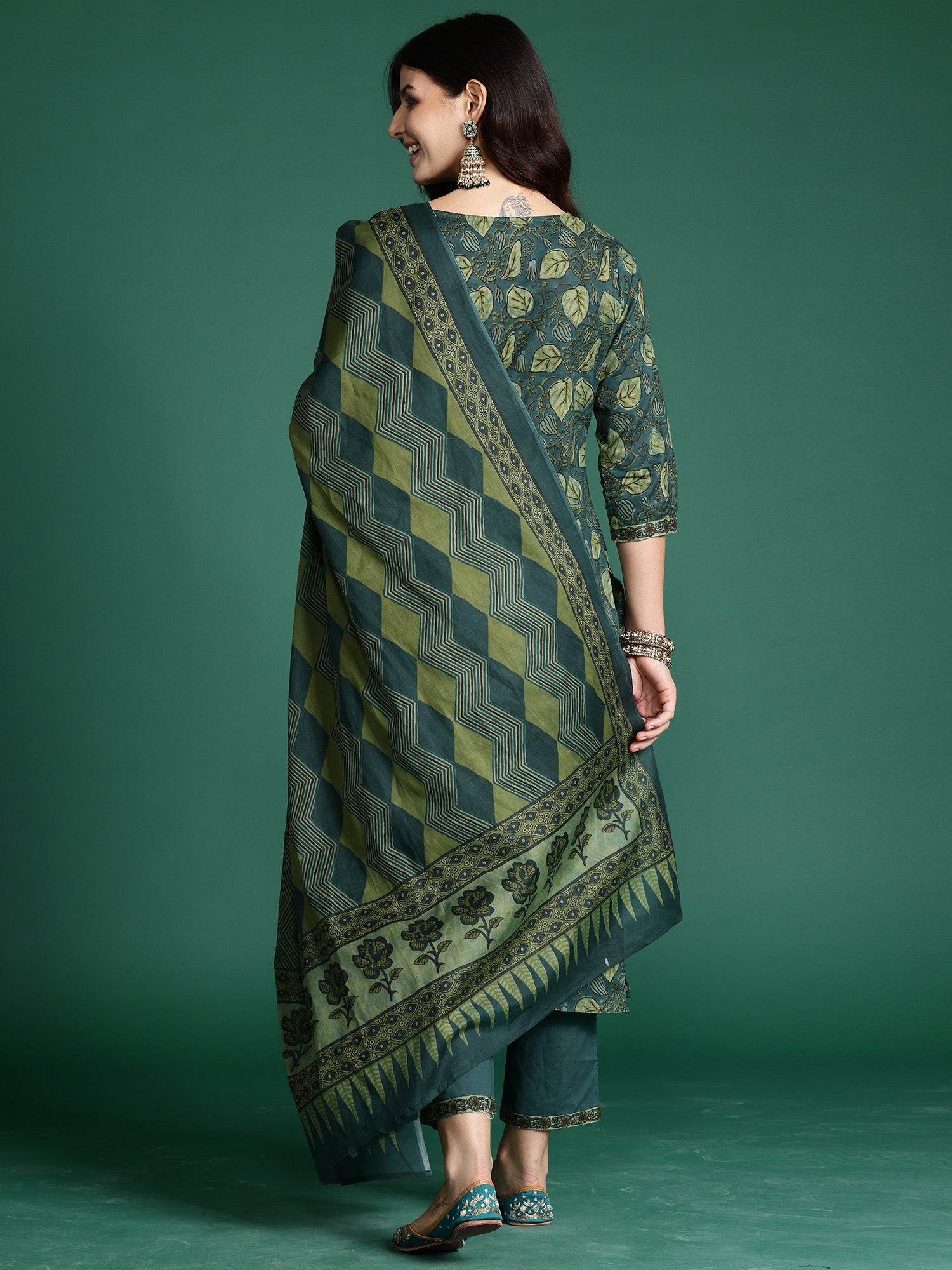 Indo Era Green Printed Straight Kurta Trousers With Dupatta Set | Grocsy