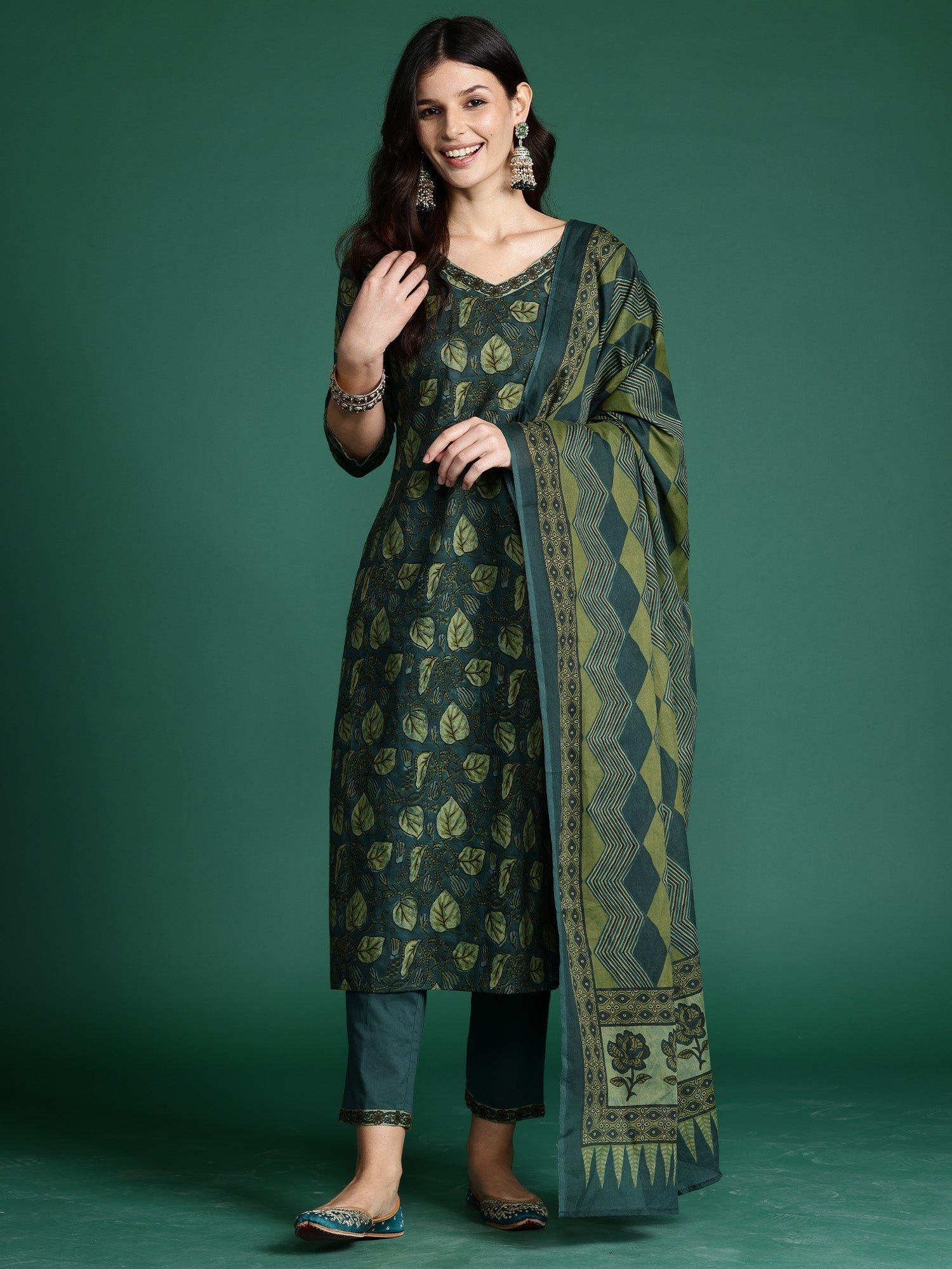 Indo Era Green Printed Straight Kurta Trousers With Dupatta Set | Grocsy
