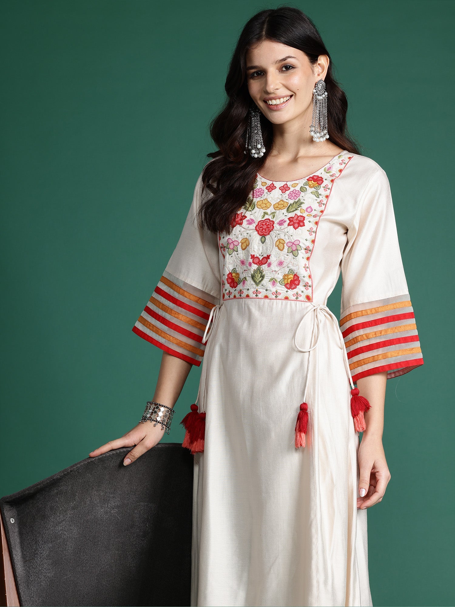 Indo Era Off White Embroidered A-Line Kurta Trousers set | Grocsy